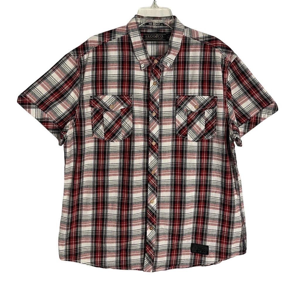 Akoo Shirt Red White Plaid Heavy Cotton Short Sleeve Men's Size 2XL